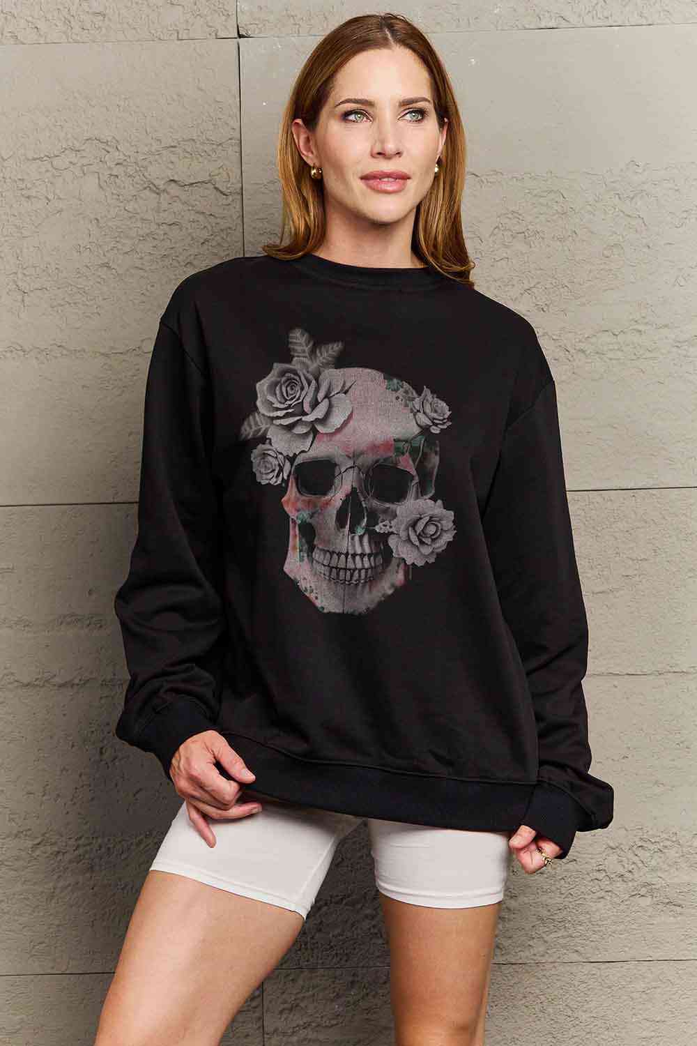 Simply Love Simply Love Full Size Dropped Shoulder SKULL Graphic Sweatshirt